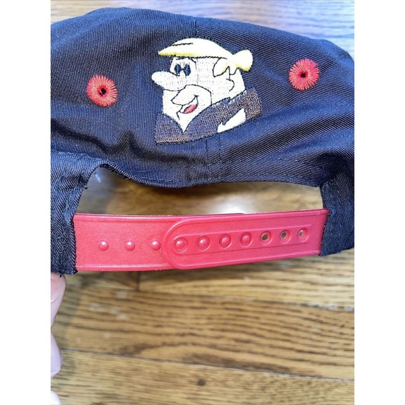Vintage 90s Flintstones Cartoon Barney Rubble Snapback Cap Red Brim Black Hat - Picture 3 of 4